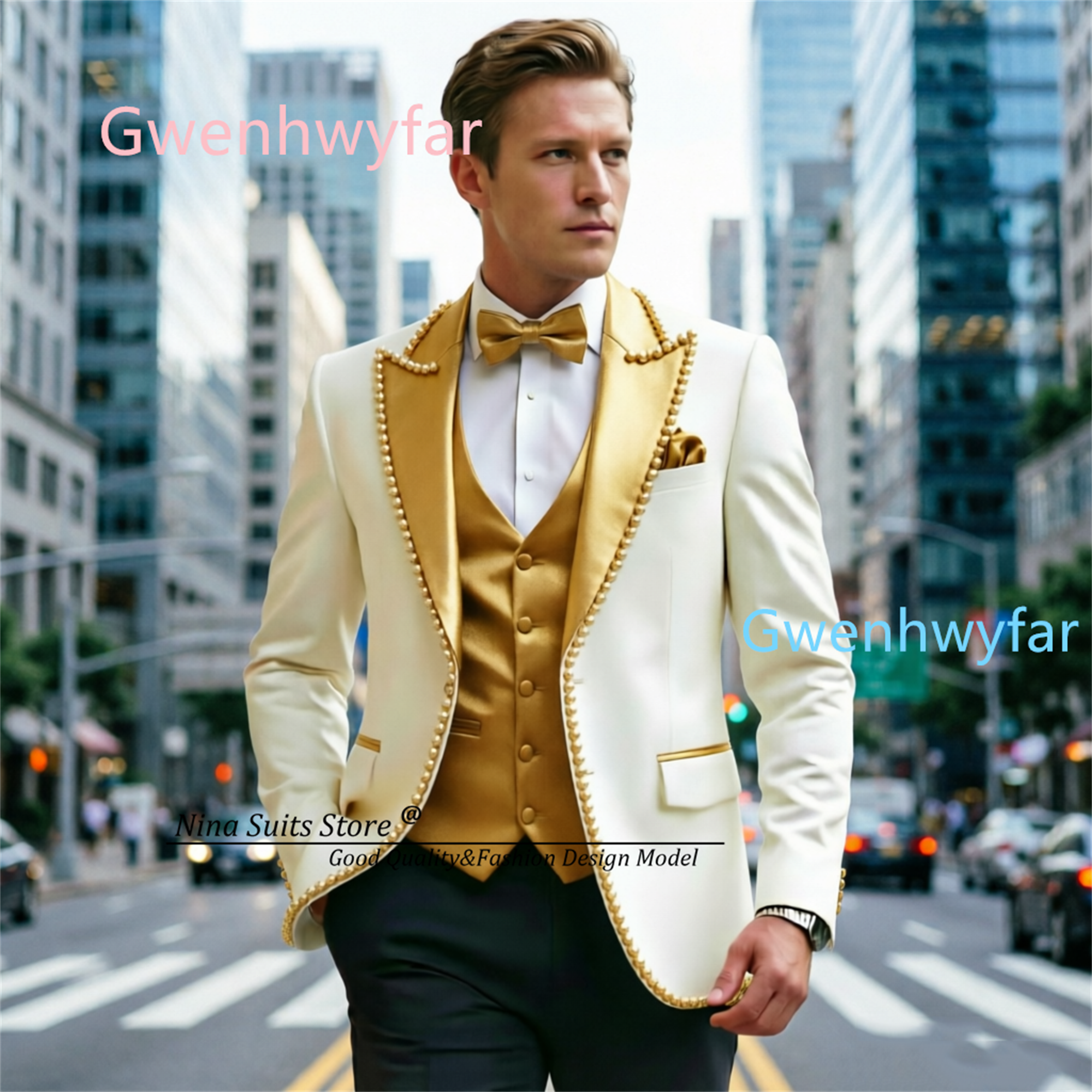 Formal Waistcoat Vest - Gwenhwyfar Luxury Ivory Black Suits With