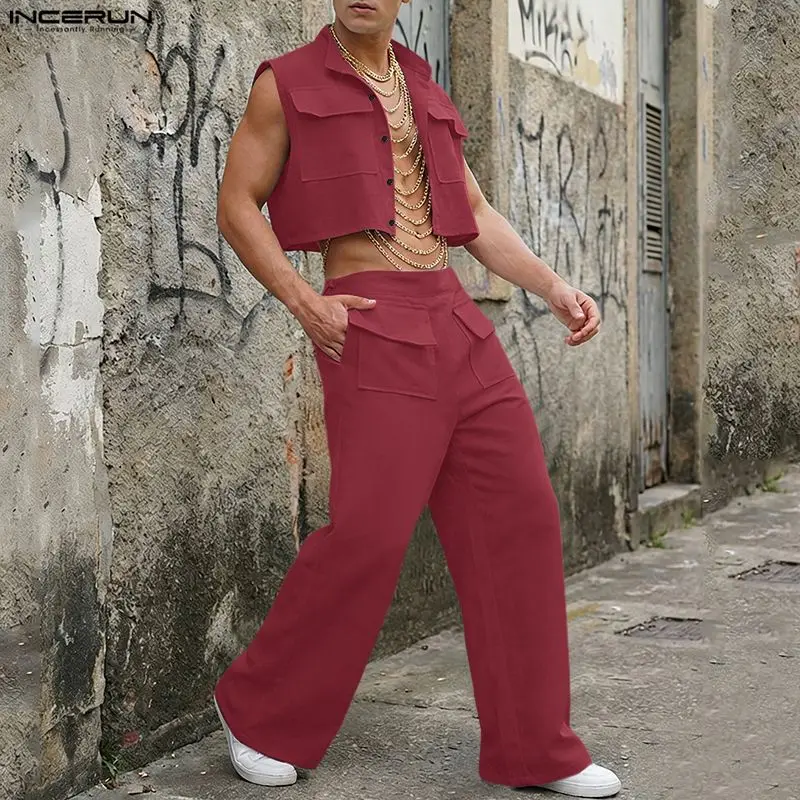 Mens Fashion Top - INCERUN Men Sets Solid Sleeveless Crop