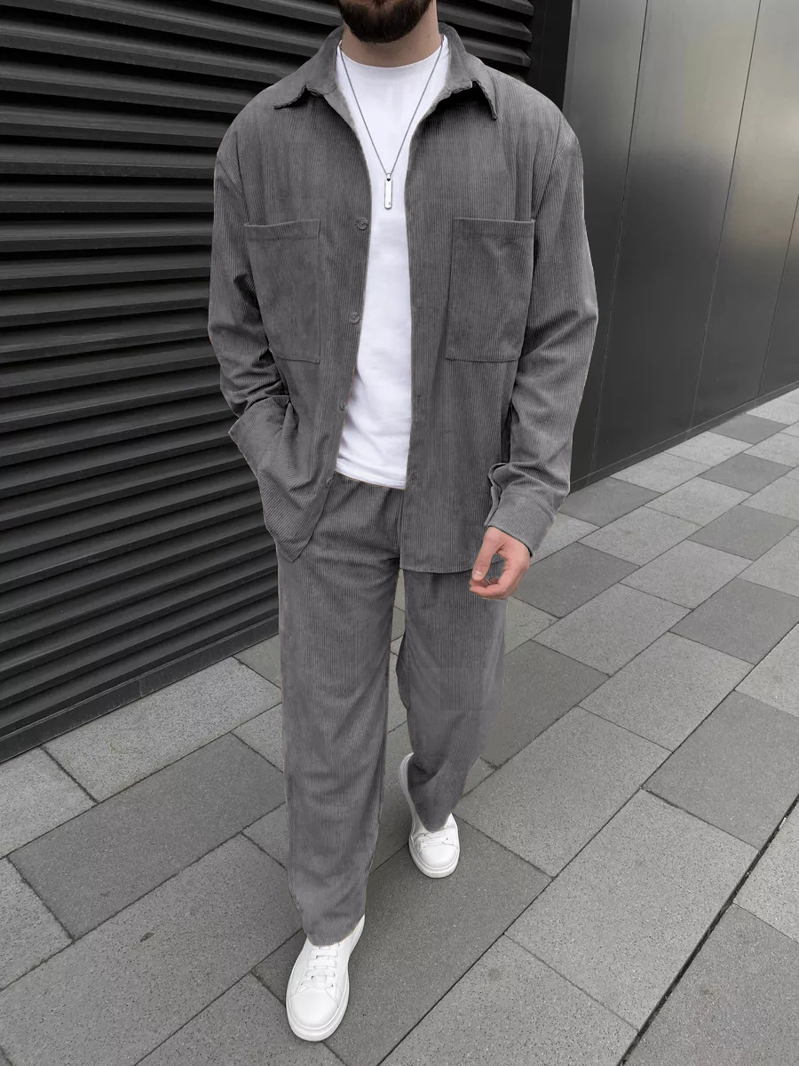 Mens Fashion Top - Men's corduroy two-piece outfit: long-sleeved button-down