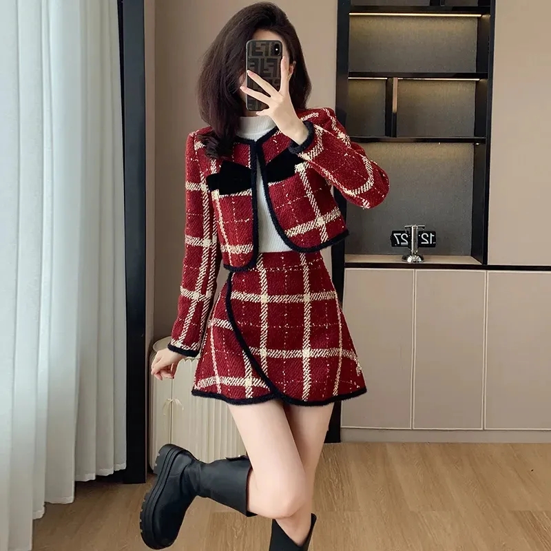 Men'S Fashion Line - Formal Thicke Plaid Coat+Skirt Women Spring